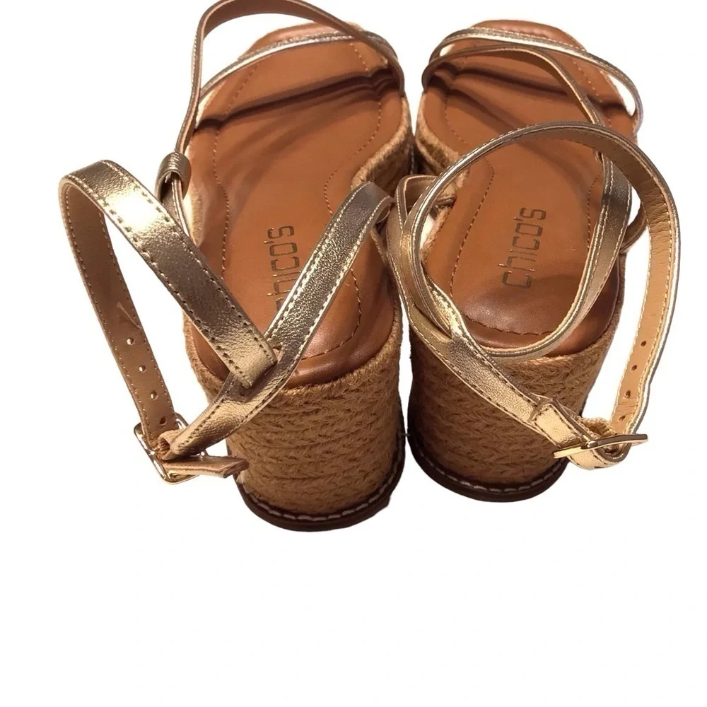 Chicos Shoes Women's Sz 9 Gold Carlina Wedge Espadrille Sandals Leather Boho NEW
